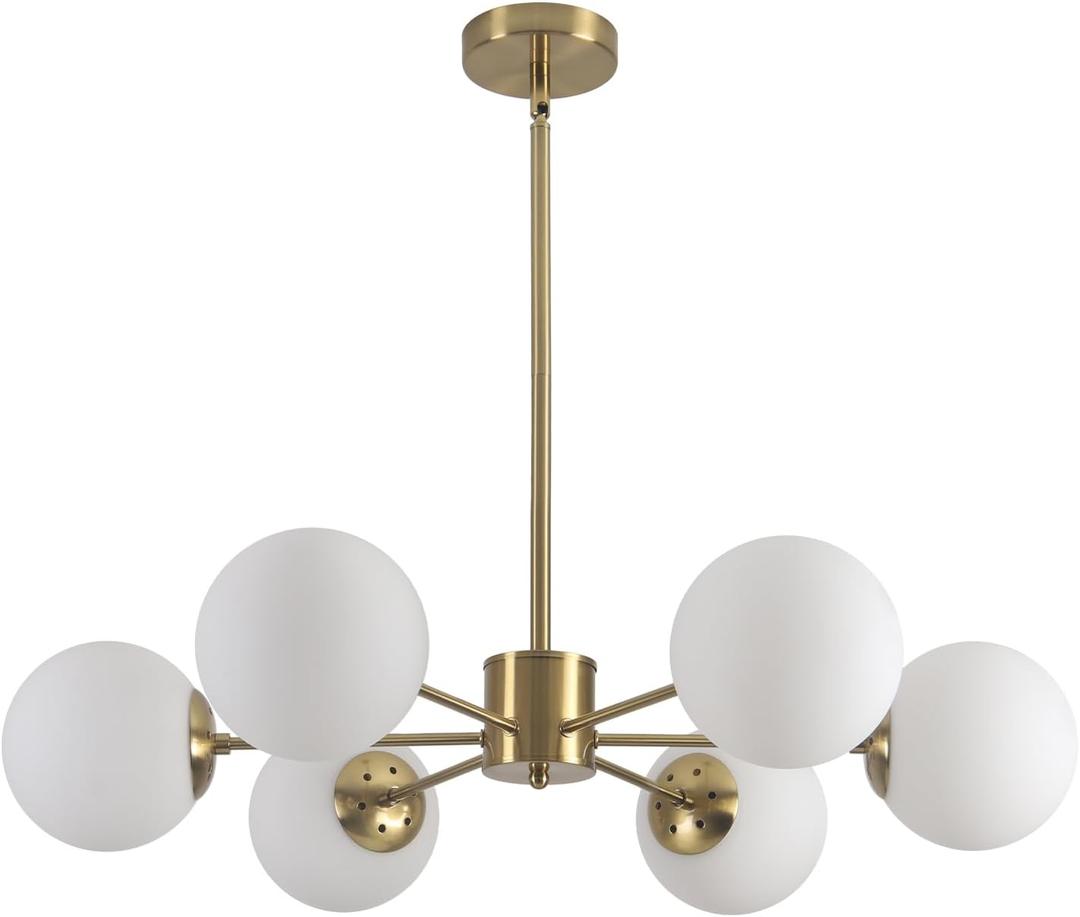 KCO 6-Light Globe Sputnik Chandelier Milk Glass Modern Gold Chandelier Light Fixture Mid Century Sputnik Chandeliers Pendant Lighting Brushed Brass Chandelier (Gold+White)