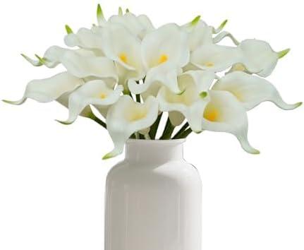 20Pcs PU Calla Lily Artificial Flowers Indoor Fake White Flowers Artificial Realistic Fake Flowers for Wedding Bouquet Home Decoration Faux DIY Party Living Room Bed Room Kitchen (White)