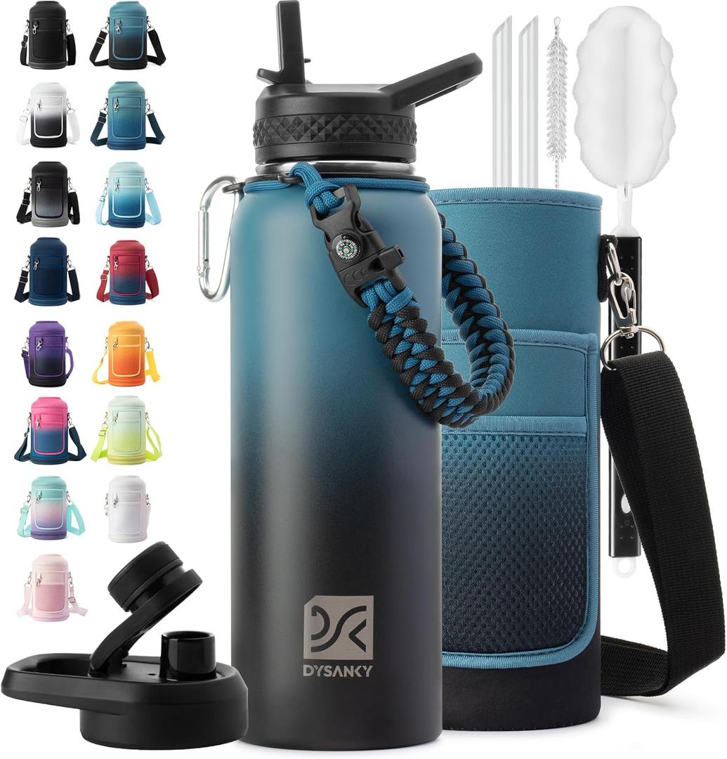 DYSANKY 40 oz Insulated Water Bottle | Thickened Stainless Steel Vacuum Metal Portable Sports Water Jug for Gym and Hiking with Straw, Carrier Bag, Handle Strap | BPA-Free 40 oz, Indigo Black