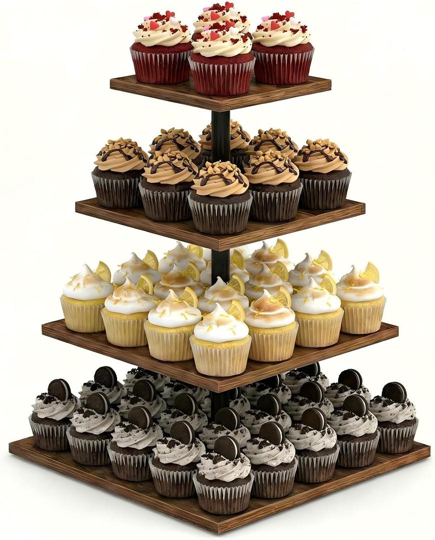 Wooden 4 Tier Cupcake Stand for 50 Cupcakes,Cupcake Holder,Cupcake Tower,Tiered Tray Stand for Birthday Bar Dcor Weddings,Parties Events, Dark Brown