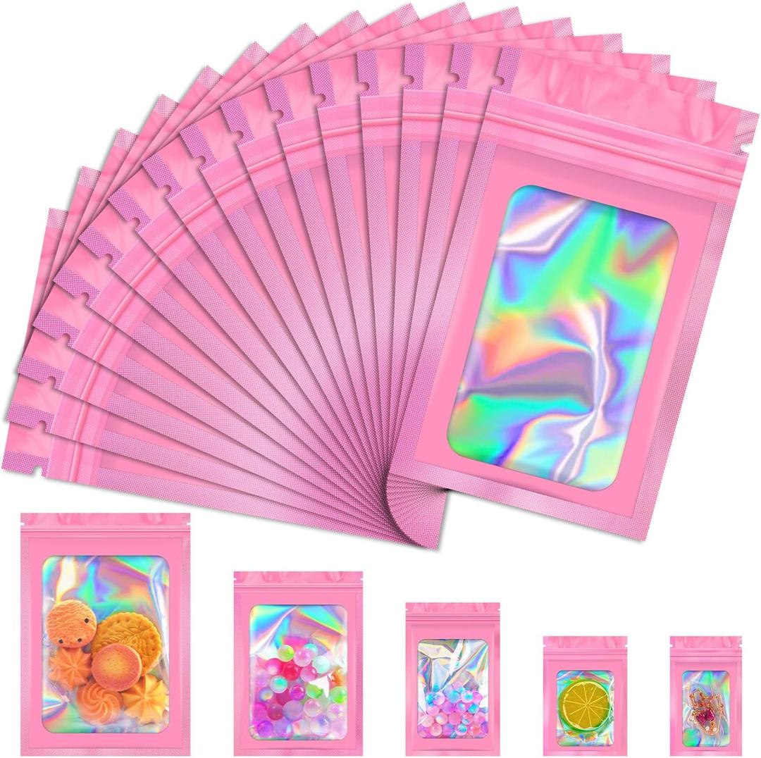 JETMORE 100 PCS Mylar Bags, Pink Holographic Bags, Resealable Bag for Small Business, Foil Pouch Bag for Food Storage, Bracelets, Jewelry3x5in