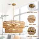 23.6" Boho Rattan Chandelier, 6-Light Large Rattan Pendant Light with 2-Tier Wicker Shade, Bohemian Farmhouse Ceiling Light Fixture Chandelier for Dining Room, Living Room, Bedroom, Kitchen Island, 23.6" V-shaped weaving