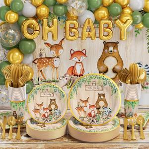 Woodland Baby Shower Party Supplies Boy Girl Gender Reveal Decorations 247 PCS Forest Animal Birthday & Disposable Dinnerware Set (25 Guest) with Paper Plates Cup Backdrop Balloon Garland Kit