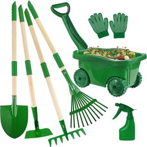 Duckura Kids Gardening Tools Set - 7pcs Wheelbarrow Set for Kids with Shovel, Rake, Leaf Rake, Summer Outdoor Yard Digging Weed Birthday Gifts Toys, Easter for Boys Girls Age 2 3+ Years(Green)