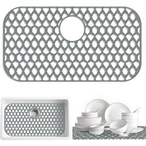 Sink Protectors for Kitchen Sink 13x11 &16x12 &19x14 &21x16 &22x13 &24x13 &26x14 &28x14 &30x16, Large Silicone Sink Mats Grid for Bottom of Farmhouse Sink (26x14, Rear Drain)