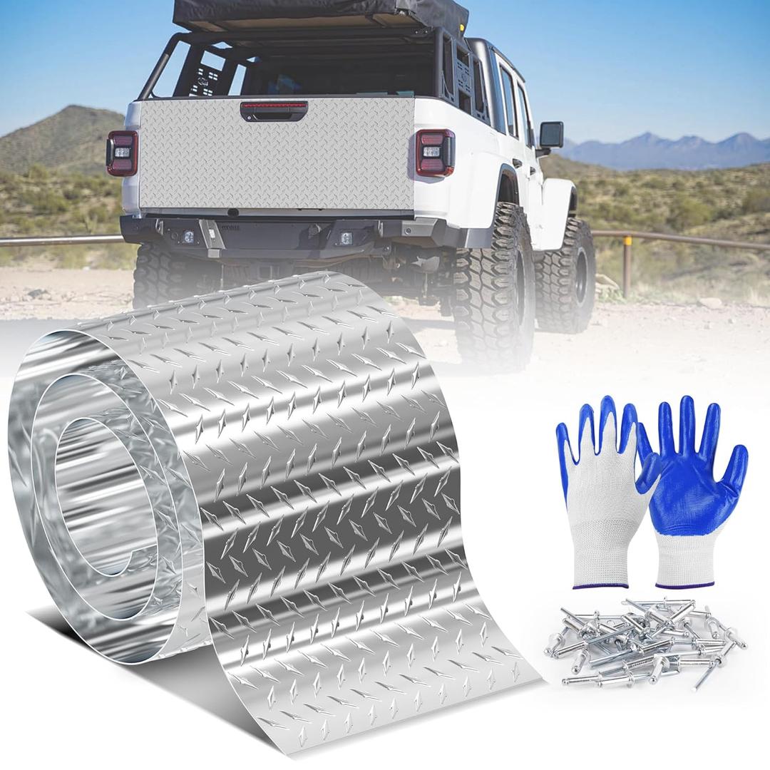 Diamond Plate Aluminum Sheet 0.045" 3003-H22 with Gloves/Rivets for RV Floor Repair, Truck Bed Liner, Garage, Boat Dock, Commercial Kitchen Use by DIY Owners & Professional Contractors 6x120in. (Natural Silver)