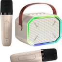 Karaoke Machine for Kids and Adults, Mini Portable Bluetooth Speaker with 2 Wireless Microphones, Led Lights for TV, Kids Gifts for Girls Boys Family Party Birthday (Beige)