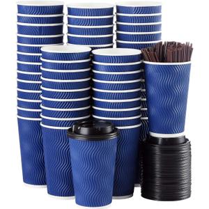 Disposable Coffee Cups with Lids and Straws - 16 oz (90 Set) Togo Hot Paper Coffee Cup with Lid To Go for Hot/Cold Beverages Espresso Tea Insulated Reusable Cold Drinks Ripple Cups Protect Fingers!, 90 Count
