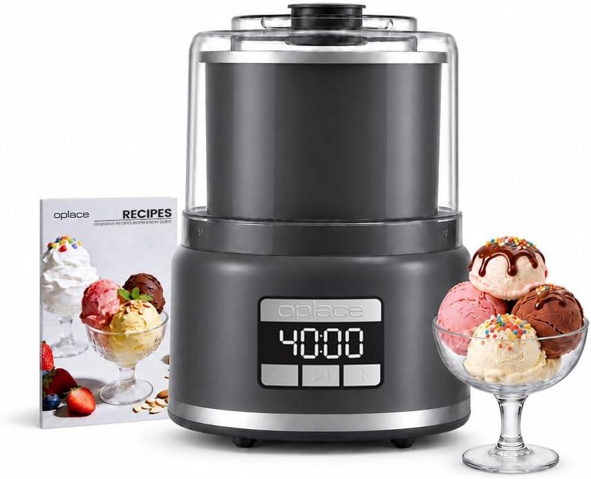2.1 Qt Countertop Ice Cream Maker Make Gelato, Sorbet & Frozen Yogurt in as Little as 2030 Minutes, Fast Cooling, Visible Feeding Port, Easy 3-Button Control (Gray)