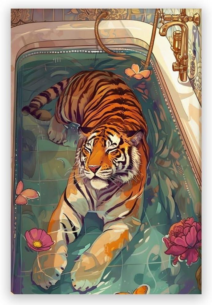 TcnBzydkij Tiger in Bathtub Canvas Wall Art Print Pink Kitsch Bathroom Aesthetic Poster Funny Animal Wall Art Maximalist Dopamine Picture Print for Bathroom Restroom Decor 12x18inch Unframed (style-7-Unframed)