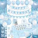 Jenlion Blue Bow Birthday Decorations - Coquette Party Supplies Serve 12 with Plates, Tablecloth, Foil Curtains, Photo Props, Cake Topper & Balloon Arch for Girls Baby Shower