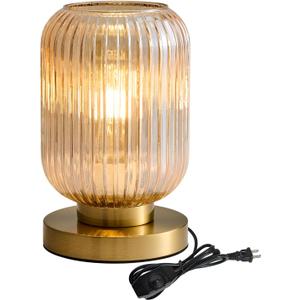 Glass Table Lamps Mid Century Modern Globe, Dimmable Amber Glass Table Lamp for Nightstand, Small Gold Table Lamp, Amber Pumpkin Design Ribbed Vintage Bedside Lamp for Bedroom Living Room Office (5.9'')