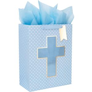 Loveinside Blue Gift Bag with Cross Design, Tissue Paper for Baby Boy Baptisms, Christenings, First Communions Religious Occasion- 10" x 5" x 13", 1 Pcs
