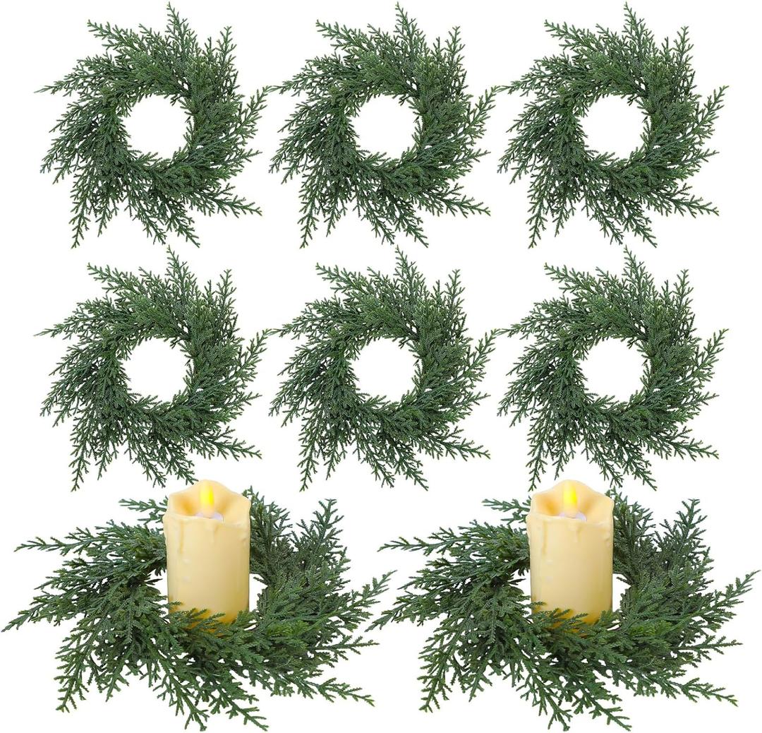 Dingion 6 Pcs Cedar Wreath Small Candle Rings Wreath Outer Diameter 6 Inch Artificial Pillars Holders Christmas Cedar Ornaments for Cabinets Chair Table DIY Wedding Decoration Xmas Centerpiece