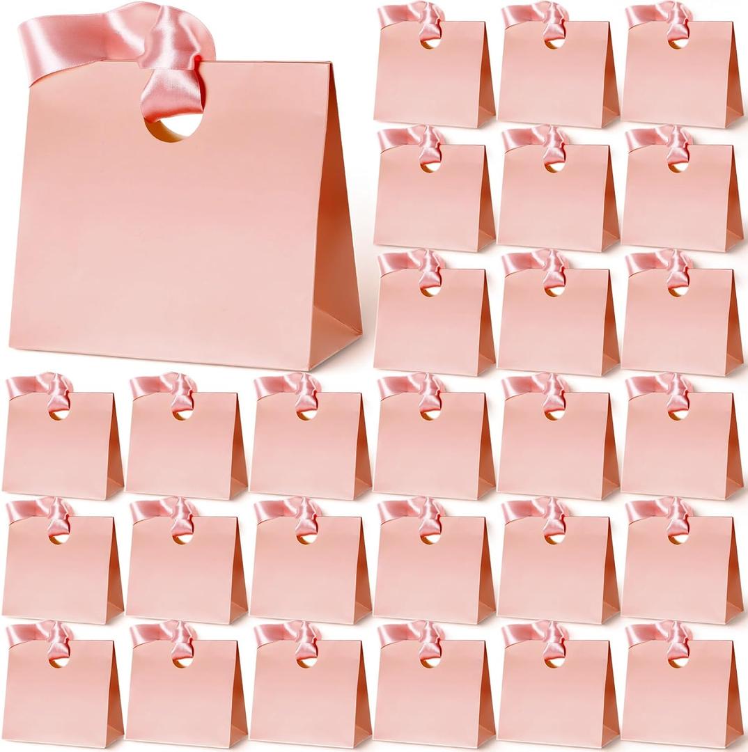 Feifeiya 30 Pcs Small Pink Gift Bags with Ribbon Handles 7.87" x 3.54" x 7.09" Bulk Paper Goodie Bags for Birthday Wedding Bridal Baby Shower Party Favors