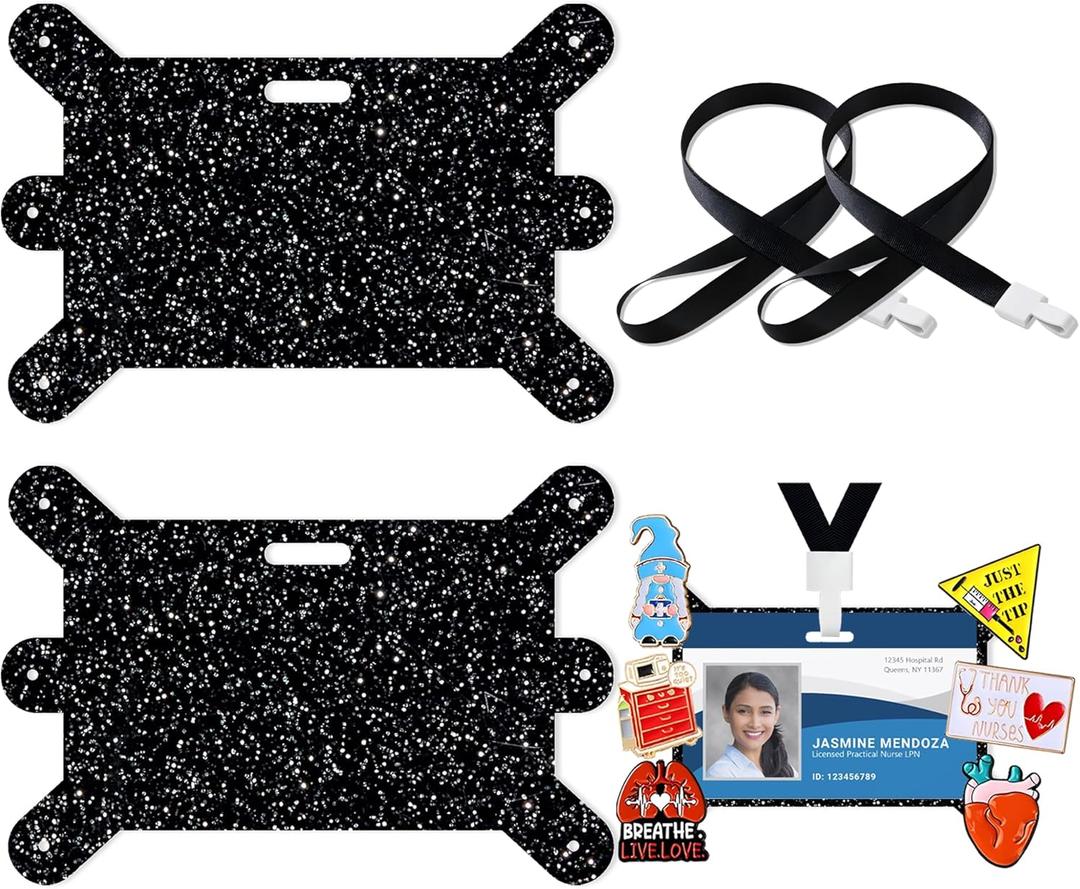 2 Pcs Badge Buddy Pin Holder with Lanyard, Horizontal Black Glitter Acrylic Badge Topper Adapter for Nursing Medical Healthcare, ID Pin Holder for Nurse, Student, Employee (2, Black)