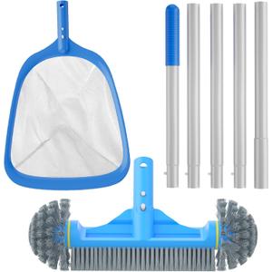 3PCS Cleaning Kit - 12.5'' Brush With Round End & 11'' Skimmer Net Fine Mesh & 5.7 Feet Thick Aluminum Pole 5-Segment, for Above Ground & Inground Pools Ponds