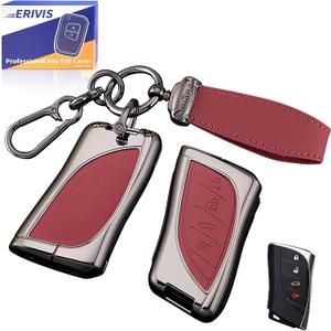 Metal & Leather Key Fob Cover with Keychain for Lexus RX NX TX ES 300 300h 350 GX 460 550 IS 250 LX UX LC LS 2024 2025 2026 Accessories, Full Protection Key Fob Shell Case, 4 Buttons (Red)
