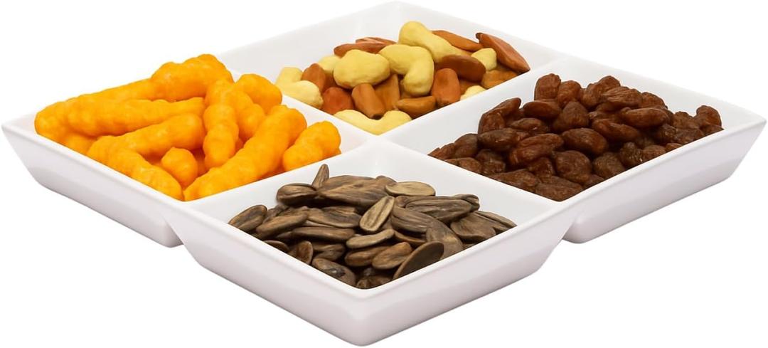 Bruntmor Set of 2 Dinner Serving Tray Dish - 10 x 10 Inch White Ceramic Serving Platter with 4 Compartments - Durable, Decorative Appetizer and Snack Tray for Brunch, Parties, and Dinner Table Display