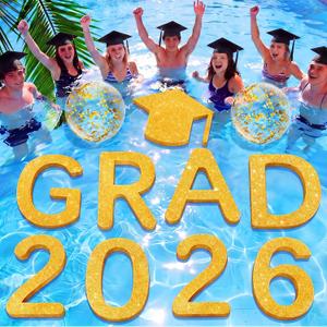 Sumind 11 Pcs Grad 2026 Pool Floating Letters, Gold Glitter EVA Foam Graduation Pool Party Decorations with Grad Cap and Beach Ball, Congrats Graduation Prom Photo Props, 12 x 16 Inches
