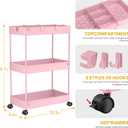 SPACELEAD 3 Tier Rolling Cart with Wheels, Storage Craft Art Trolley Organizer Serving, 3 Hanging Baskets Easy Assembly, for Office, Living Room, Kitchen, Pink