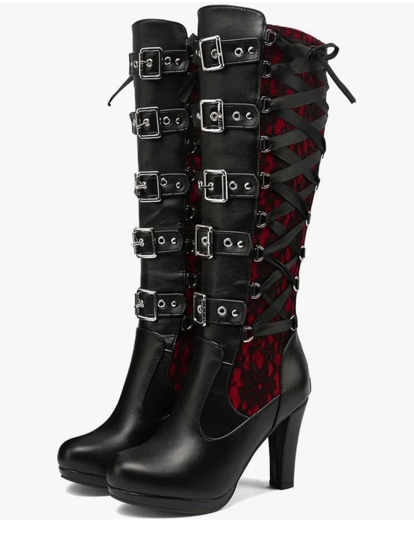 Women Lace Knee High Boots Buckle High Heel Knee Boots Lace Up Punk Platform Back Zipper Riding Goth Combat Bootie, Size 41
