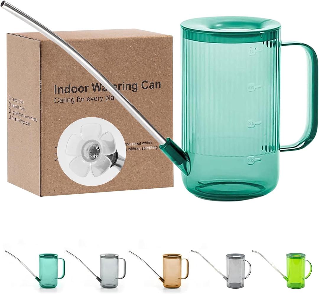 Long Spout Watering Can Indoor, Small Watering Cans for House Plants, Flowers, Succulents 33.8oz(Green) (34oz)