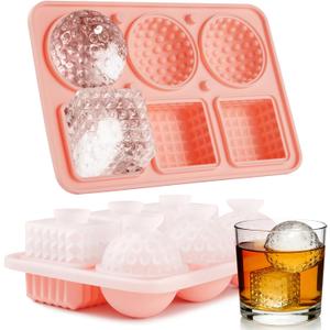 Acomler Ice Cube Molds Tray, 3 Big Crystal Square Cubes & 3 Round Sphere Golf Ice Ball Makers, Large Silicone Whiskey Ice Mold, Fun Shape Ice Trays with Funnel for Whiskey, Cocktails, Bourbon (Pink)
