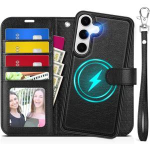 TUCCH Wallet Case for Galaxy S25, [Removable] 2 in 1 [Wireless Charging] Wrist Strap RFID Blocking [4 Card Holders] PU Leather Cover, Magnetic Detachable Stand Folio for Galaxy S25, Textured Black
