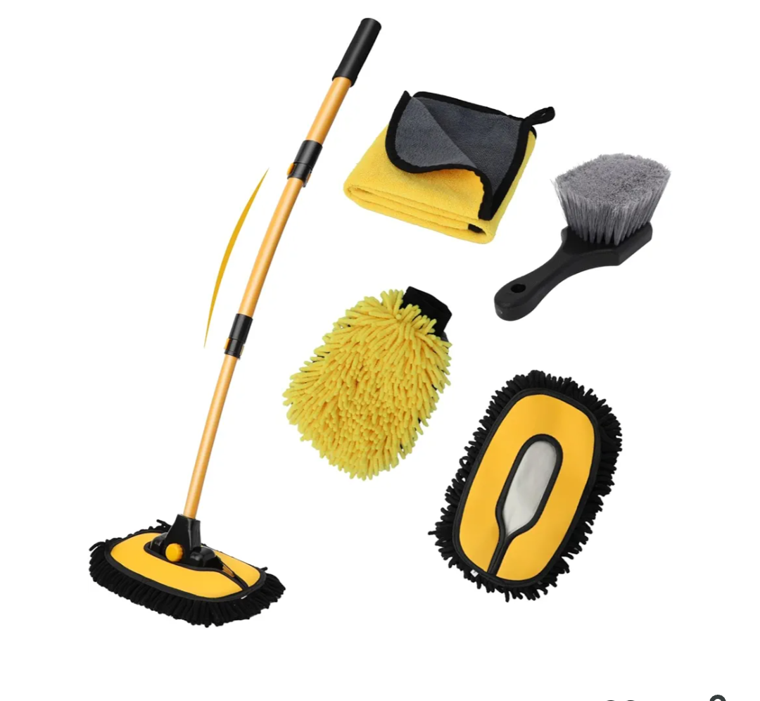 Car Wash Brush with Long Handle, 15°Curved Car Cleaning Brush with Replaceable Head Cover, Truck Washing Brushwith Telescopic Handle Wash Mop Kit 5PCS