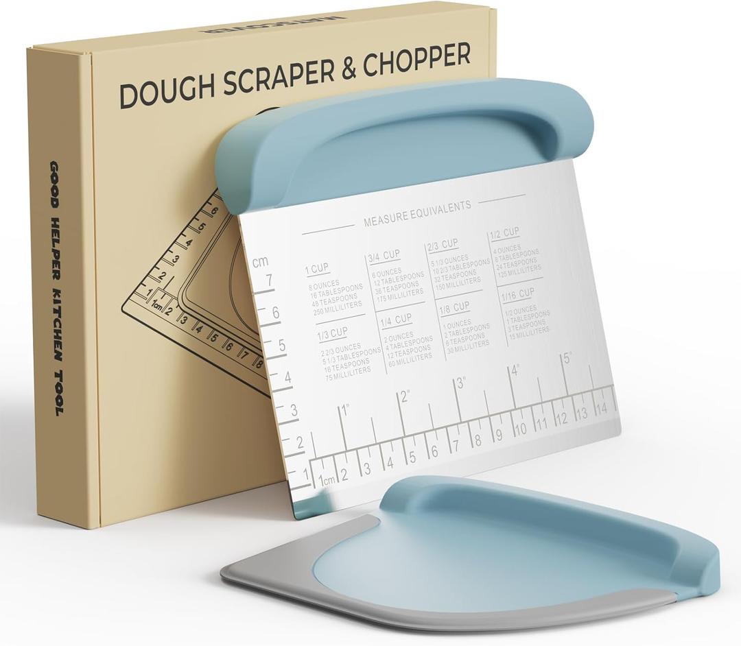 Bench Scraper Dough Cutter Tool - Bowl Pastry Scraper for Bread Cake Pizza, Bench Knife Kitchen Dough Scraper for Baking, Stainless Steel Food Scraper with Grip Handles & Measuring Scal, Blue