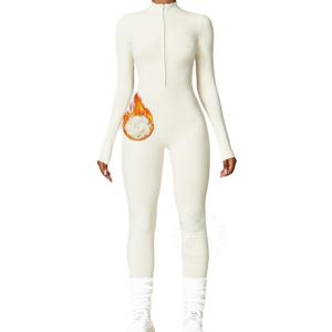 AEEZO Womens Long Sleeve Workout Jumpsuit Zip Up Yoga Rompers Sexy Tummy Control One Piece Bodycon Bottom Pants (Medium, #3 Thermal Beige)