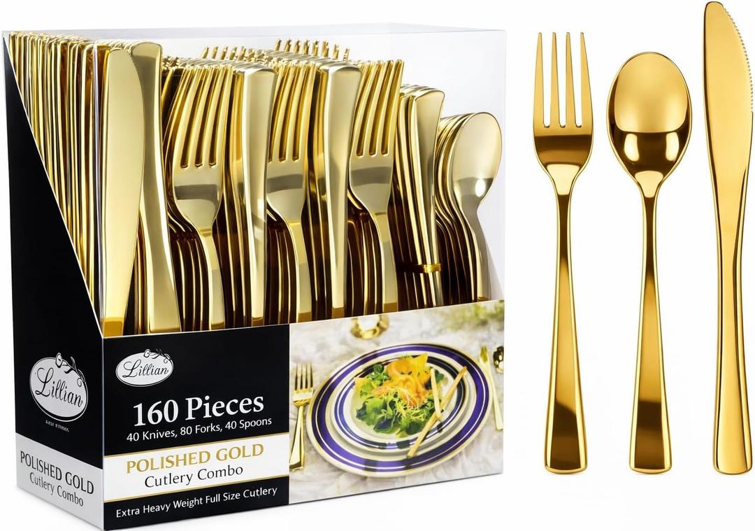 Gold Plastic Silverware Set, 160 Count, Extra Heavy Duty Flatware, Disposable Cutlery Utensils, 80 Forks, 40 Spoons, 40 Knives, Polished Gold, Bulk Pack