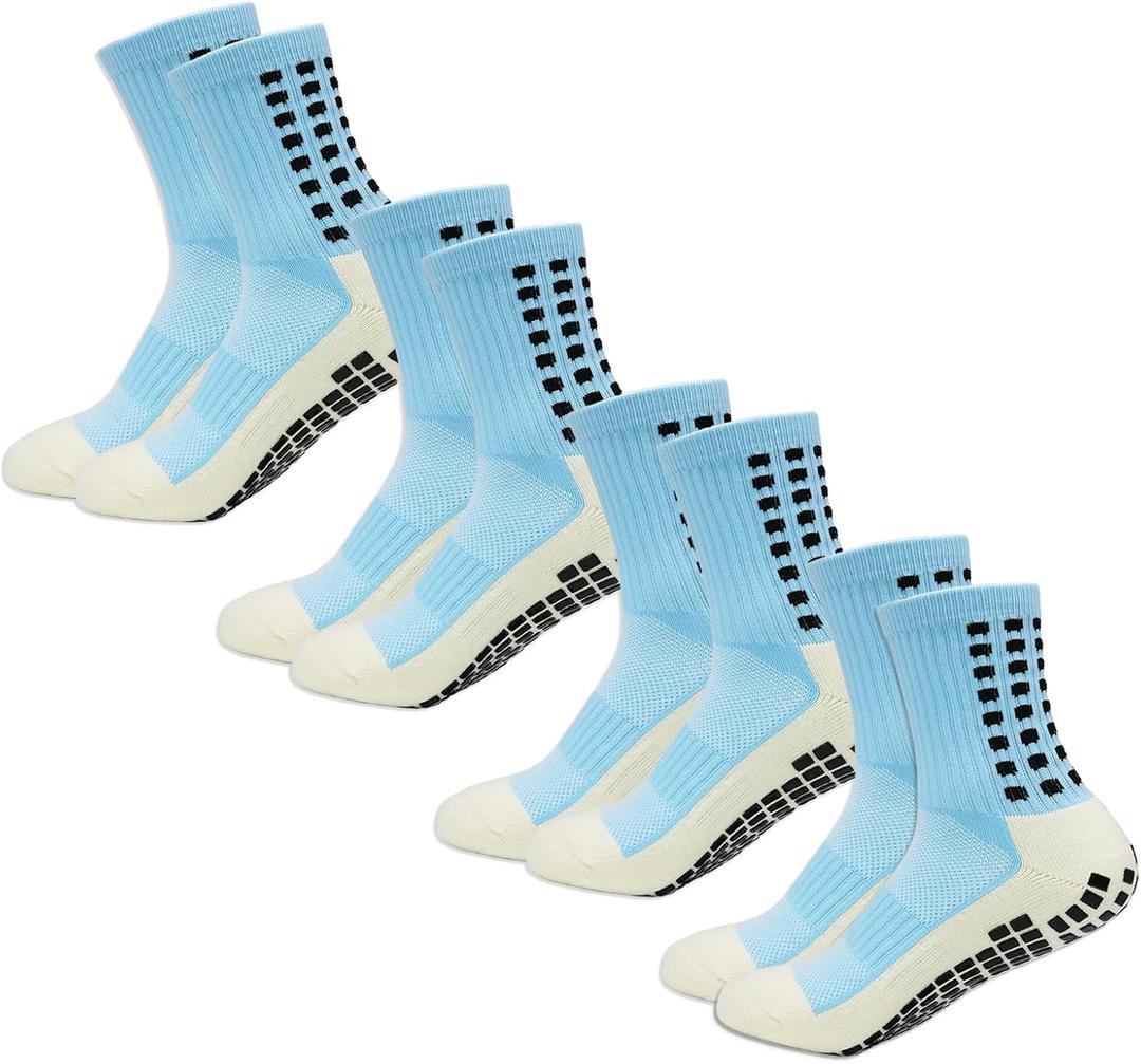 Yufree 4 Pairs Mens Grip Soccer Socks Non Slip Grippy Women Socks for Football Basketball Sports (One Size, Sky Blue)