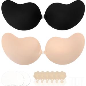 LAZYROSY Sticky Push Up Backless Bras Strapless Stick on Bra Invisible Adhesive Bra with Nipple Covers for Women (Black+Beige, D)