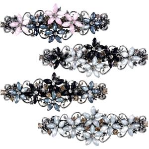 Janinka 4 Pcs Flower Barrettes for Women Ladies, Rhinestones Hair Accessories Crystal Barrette Spring French Ponytail Hair Clips for Women Wedding Styling Tools