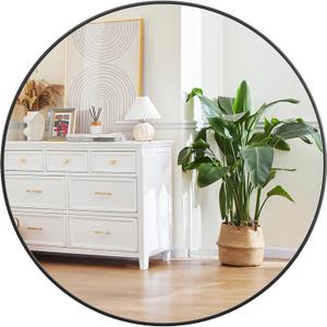 Round Mirror, 32 inch Circle Mirror, HD Eco-Friendly Round Bathroom Mirror for Over Sink, Big Matte Black Metal Framed Wall Mirror for Wall, Vanity, Entryway, Hallway, Living Room, Easy to Install