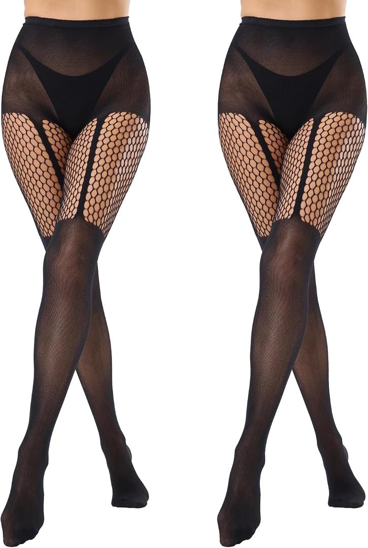 Faux Thigh High Tights for Women - Fishnet Gothic Pantyhose, High Waist Over-The-Knee Goth Leggings (Black)