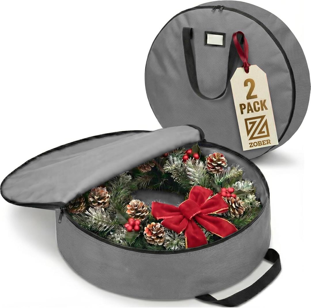 ZOBER 2 Pack Oxford Christmas Wreath Storage Container 24 Inch - Wreath Bag for Artificial Wreaths Box - Waterproof Fabric, Dual Zippered Wreaths Storage Bag With Strong Durable Handles - Gray