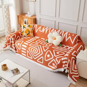 Boho Sofa Cover for Couch and Loveseat - Soft Chenille Furniture Protector for Dogs, 3 Cushion Couch Throw Cover, Pet Furniture Protector - Thick and Washable (Large:71"x118", Tassel Orange)