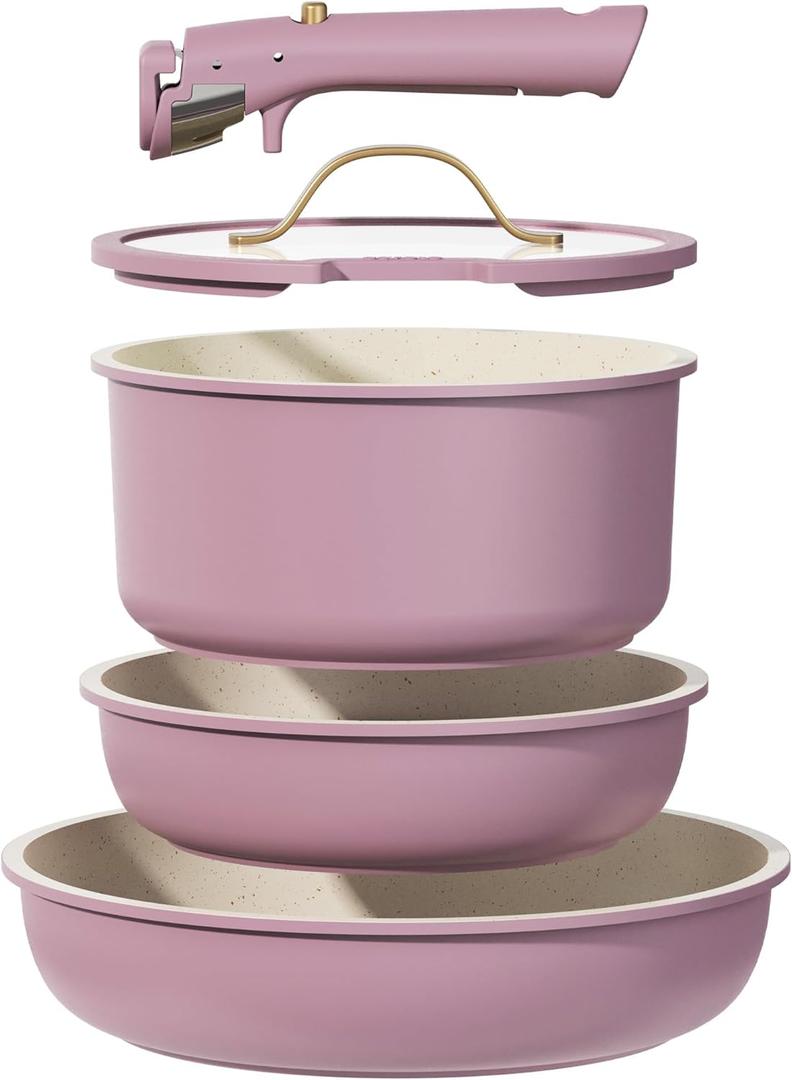 CAROTE 5pcs Pots and Pans Set, Nonstick Cookware Set Detachable Handle, Induction Kitchen Cookware Sets Non Stick with Removable Handle, RV Cookware Set, Gold and Purple