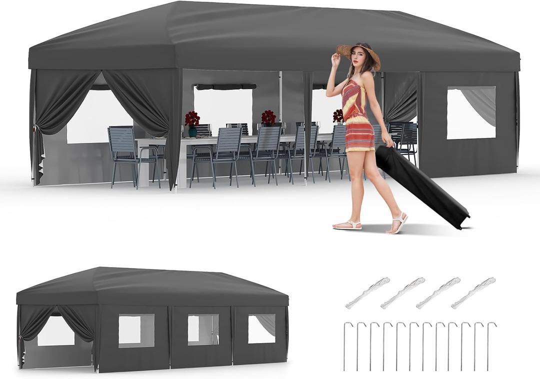 10x30 Pop Up Canopy - Heavy Duty Outdoor Canopy Tent with Portable Roller Bag - 3 Adjustable Height, 4 Weight Bags, 8 Stakes & 6 Guy Ropes Included, Grey (Gray)