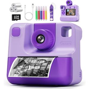 Kids Camera Instant Print, Christams Birthday Gifts for Girls Boys 5 6 7 8 9 10 Year Old, FHD Kids Toddler Digital Video Cameras,Selfie Cameras with 3 Rolls BPA-Free BPS-Free Print Paper & 32G Card (Dark Purple)