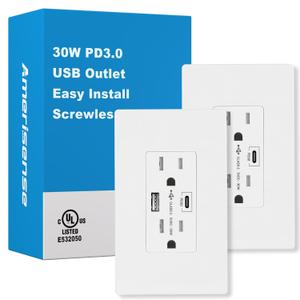 30W PD3.0 USB Outlets, 15 Amp Tamper-Resistant Receptacle Wall Outlet with Type C & Type A Ports, USB Charger with Wall Plated Included for Phone/Tablet/Laptop, UL Listed (2 Pack)