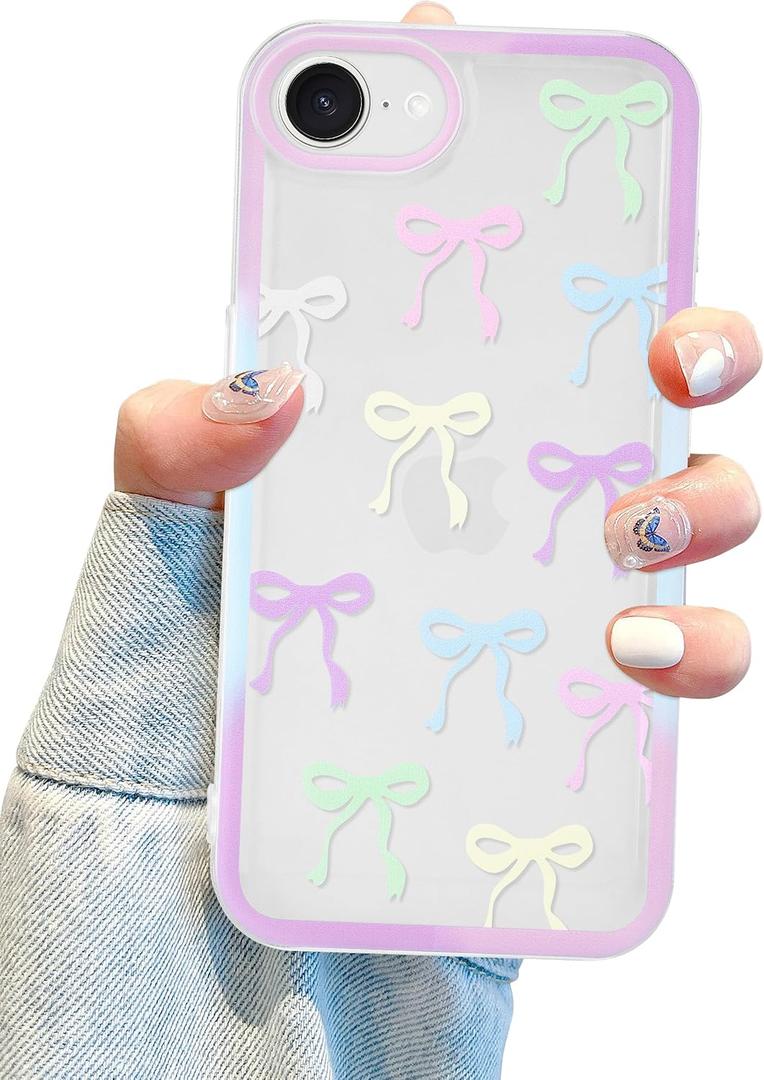 Jusy Compatible with iPhone 7/8/SE Bow Phone Case, Cute Clear Ribbon Bowknot Pattern Aesthetic Soft TPU Transparent Cases - Colorful
