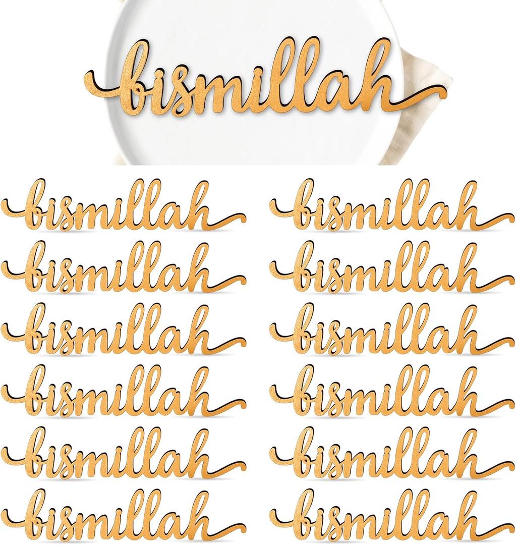 12 Pcs Ramadan Mubarak Wood Cutout Sign Bismillah Plate Word Sign Rustic Kareem Eid table Wall Decorations for Islamic Muslim Home Tabletop Decor(Ramadan Mubarak) (Gold)