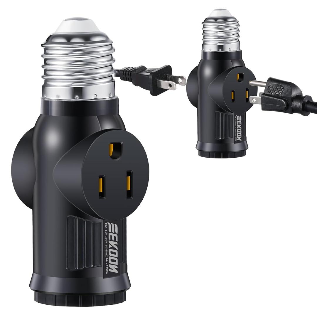 Feekoon 1 Pc Light Socket to Plug Adapter, E26 Lamp Sockets Converter to 3-Prong Outlet & Bulb Holder, Screw-in Light Socket Adapter for Garage, Porch & Utility Areas (Black)