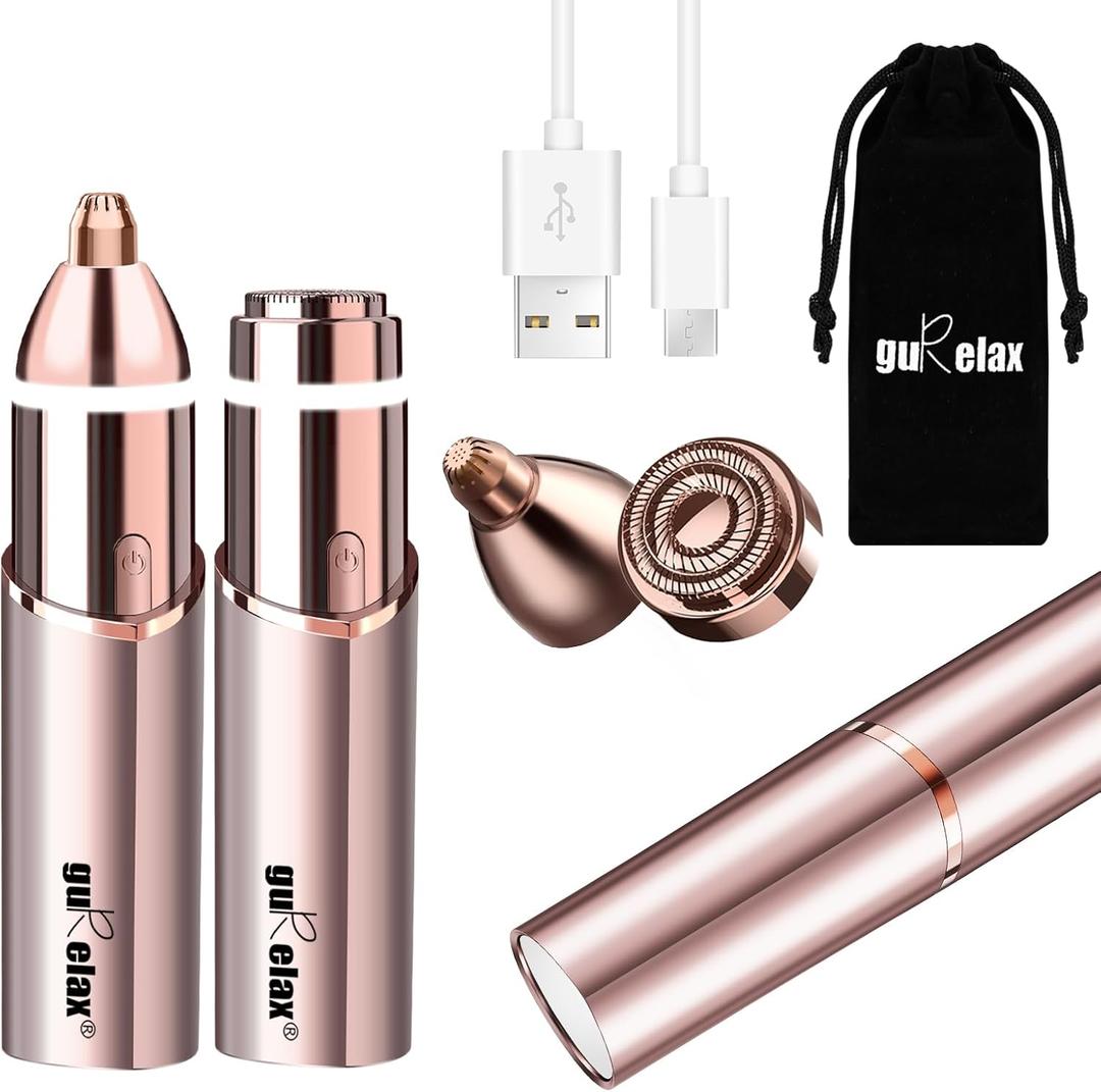 Gurelax Eyebrow & Facial Trimmer: 2-in-1 Electric Facial Hair Removal & Eyebrow Shaver (Built-in Mirror), Face Razor for Women with 2 Replacement Heads