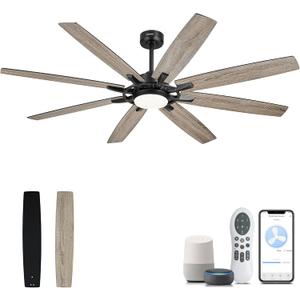 YOUKAIN 70inch Large Ceiling Fans, Indoor/Outdoor Black Ceiling Fan with Lights and Remote, Dual Finish 8 Blades, Modern Smart Ceiling Fans Work with WiFi Alexa App, 70-YJ805-BK