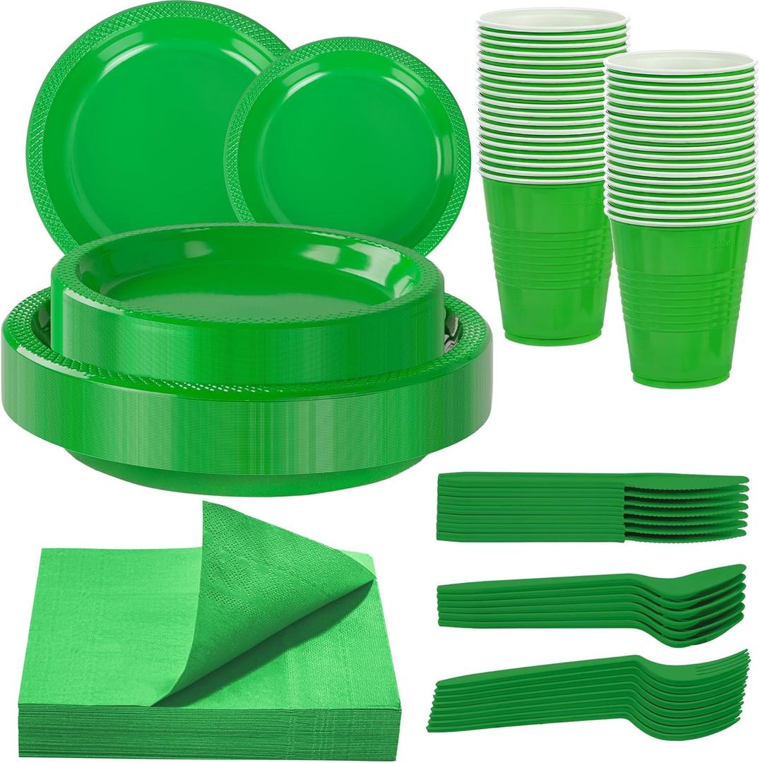 WELLIFE 210 PCS Green Plastic Plates for 30 Guests - Disposable Dinnerware Set Including Dinner Plates, Dessert Plates, 12oz Cups, Cutlery & Napkins, Green Party Plates